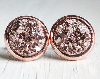 Rose Gold on Rose Gold - Druzy Stud Earrings - Hypoallergenic Posts - Druzy Stud Earrings, Gifts for Her, Stud Earrings, Minimalist Earrings