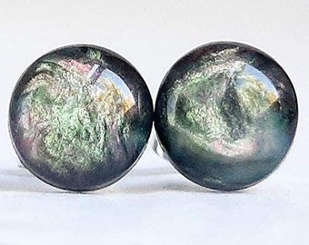 10mm Dark Smokey Grey Opal Resin Stud Earrings Hypoallergenic Titanium