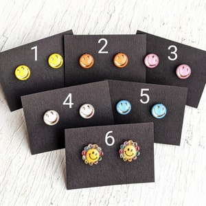 Smiley Face Stud Earrings, Smiley Studs, Emoji Happy Face, Flower Smile, Hypoallergenic Stainless Steel, Happy Jewelry, Gift for Her image 3