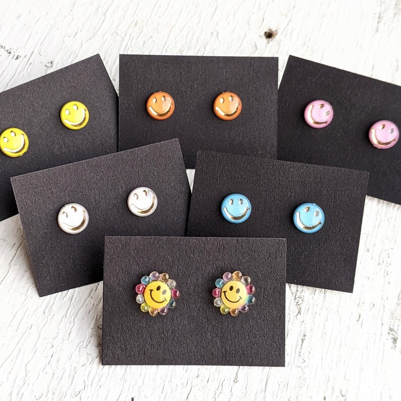 Smiley Face Stud Earrings, Smiley Studs, Emoji Happy Face, Flower Smile, Hypoallergenic Stainless Steel, Happy Jewelry, Gift for Her image 8