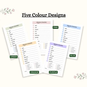 Puede incluir: Cinco diseños de listas de verificación de alérgenos en verde, rosa, naranja, morado y azul. Cada lista incluye alérgenos comunes como leche, huevo, maní, soja y trigo. El texto "Five Colour Designs" está en la parte superior.