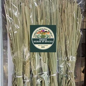 May include: Bundles of dried herbs, likely for culinary or medicinal use, are tightly wrapped in clear plastic. The image includes a green and white logo that reads "Create Healthy World" and "Shree Herbs & Spices."