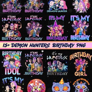 Peut inclure: Ensemble de graphiques numériques colorés sur le thème des anniversaires. Les motifs présentent des personnages de dessins animés, le texte "Happy Birthday" et les mots "Demon Hunter", "Idol" et "Seraphina". Idéal pour divers projets numériques.