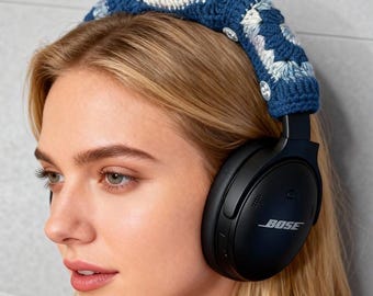 Hand crocheted yarn crossbeam covers for Sony XM4, XM5, and XM6 Apple AMP