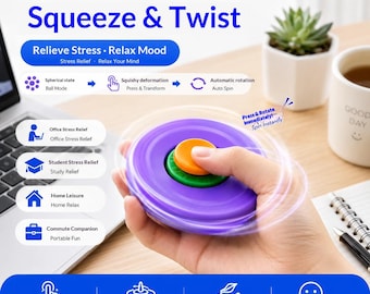 May include: A purple circular fidget toy with a green middle ring and an orange center button. The device features a squishy deformation mechanism that allows for automatic rotation. Text on the image includes Squeeze & Twist and Relieve Stress.