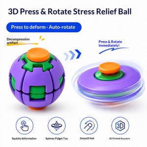 Op de afbeelding: Een 3D Press & Rotate Stress Relief Ball met een paars en groen bolvormig ontwerp en een oranje knop aan de bovenkant. Het speelgoed wordt getoond in een statische en draaiende toestand met teksten zoals Press to deform, Auto-rotate en 3D Printed Structure.