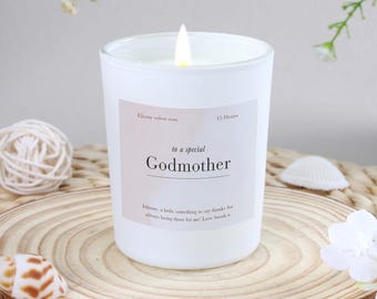 Personalised Godmother Candle: Terracotta Label, Frosted Soy Wax