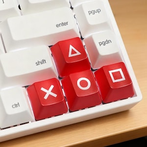 May include: A close-up of a white and red mechanical keyboard. The keyboard has white keys with red keys featuring the PlayStation controller symbols: triangle, circle, cross, and square. The keyboard is on a wooden surface.
