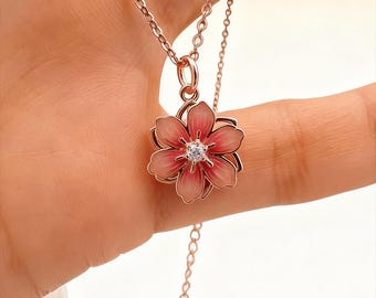 3D Rotating Jasmine Flower Necklace | Rose Gold 925 Silver, Enamel