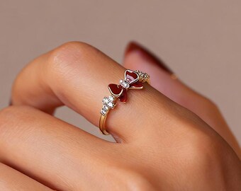 Christmas Red Enamel Bow Ring | Gold Plated Brass with Zirconia, Adjustable Open Ring