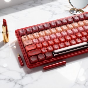 May include: A red and pink gradient mechanical keyboard with round keycaps. A lipstick and a small tube of lip color are next to the keyboard. The keyboard has a silver bar for the space key.