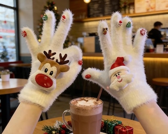 Christmas Fingerless Gloves | White Fluffy Touch, Cozy Winter Holiday Gift