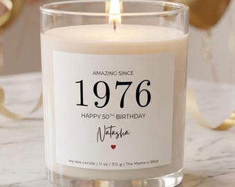 Personalized 50th Birthday Candle Gift for Her or Him, ‘Amazing Since’ Custom Birth Year and Name