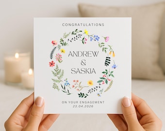 Carte de fiançailles personnalisée avec noms et date, souvenir pour couple fiancé avec couronne de fleurs