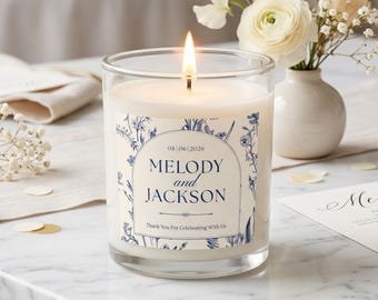 Candela di ringraziamento personalizzata per il matrimonio, bomboniere personalizzate per il corteo nuziale, sacchetti regalo di benvenuto con fiori blu dagli sposi novelli.