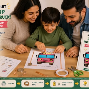 May include: A paper circuit activity kit titled Paper Circuit Light Up The Fire Truck, featuring a printable guide, copper tape, a battery, and an LED. The kit includes instructions to create a fire truck illustration that lights up.