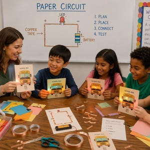 Peut inclure: Un groupe d'enfants et un adulte tenant des cartes illustrant un bus scolaire jaune avec une LED allumée. La table contient du ruban de cuivre, des marqueurs, du papier et un schéma de circuit alimenté par pile pour un projet.