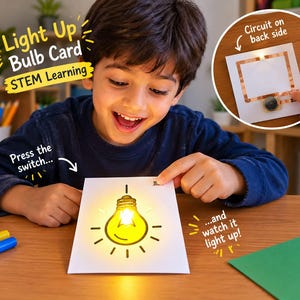 May include: A white rectangular card featuring a yellow light bulb illustration that illuminates when the switch is pressed. The card includes text reading Light Up Bulb Card STEM Learning, Press the switch, and watch it light up, with a circular inset showing the copper circuit and battery on the back side.