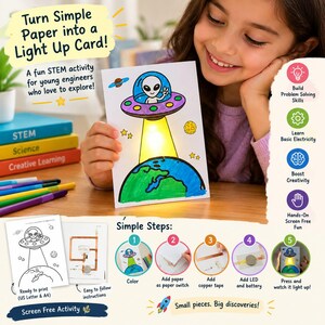 Puede incluir: Un kit de actividades STEM para crear una tarjeta luminosa con una página para colorear de un alienígena en un OVNI sobre la Tierra. El kit incluye instrucciones para usar cinta de cobre, un LED y una batería para iluminar la tarjeta, junto con cinco pasos.