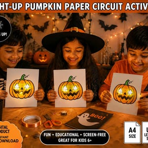 May include: A light-up pumpkin paper circuit activity kit featuring printable sheets with orange jack-o'-lantern illustrations that illuminate. Includes copper tape, small batteries, and instructions for an interactive craft project in A4 and US letter sizes.