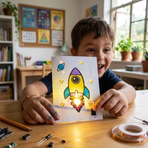Puede incluir: Un niño sostiene un dibujo de un cohete amarillo con detalles azules y morados, emitiendo luz. El dibujo incluye estrellas y un planeta. El niño sonríe y el dibujo está iluminado por una luz LED.
