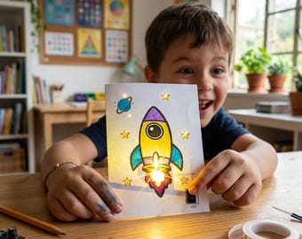 DIY Printable Light Up rocket Card STEM Activity for Kids Paper Circuit Science Craft Home school summer learning fun project pdf resources