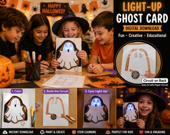 Light Up Ghost Halloween Card Printable  Paper Circuit STEM Activity for Kids  DIY Halloween Craft  Printable pdf  A4 & US Letter