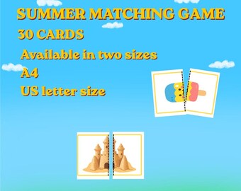 Summer Matching game  Printable  Preschool Learning Activities  Toddler  Montessori Summer Worksheets  Homeschool PDF  screen free