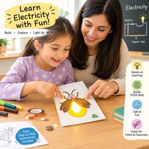Puede incluir: Un kit educativo STEM para aprender electricidad con una ilustración de luciérnaga que se ilumina. Incluye cinta de cobre, una batería, un LED y materiales instructivos con el texto: Learn Electricity with Fun! Build, Explore, Light Up.