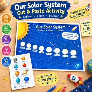 Pode incluir: Uma folha de atividades de recortar e colar sobre o sistema solar com fundo azul, um sol amarelo, linhas orbitais e círculos brancos rotulados. Uma folha separada inclui ilustrações de planetas para recortar.