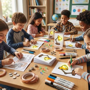 Könnte beinhalten: Eine Gruppe von Kindern sitzt an einem Holztisch und arbeitet an einem naturwissenschaftlichen Projekt. Sie zeichnen und arbeiten mit elektronischen Bauteilen, darunter Kupferband, Batterien und LED-Leuchten. Das Projekt beinhaltet die Erstellung einer leuchtenden Lampe.