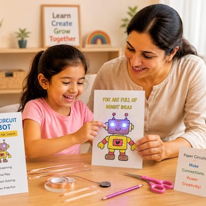Pode incluir: Uma mulher e uma menina sorriem enquanto trabalham em um projeto de robô de circuito de papel. O projeto inclui um desenho de um robô com luzes brilhantes, fita de cobre e uma bateria. O texto no papel diz: "Você está cheio de ideias brilhantes".