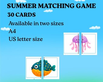 Summer Activity Ocean Matching Game for Kids  Printable Cut  Match Puzzle Cards  Preschool & Homeschool  Learning Activity instant download