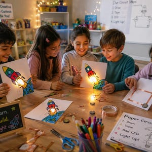May include: Five children sit at a wooden table working on paper circuit projects. They hold white sheets featuring colorful rocket illustrations with glowing LED lights. The table includes copper tape, markers, scissors, and instructional signs.
