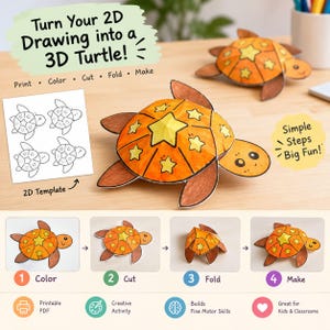 May include: A paper craft kit featuring a 2D template of four turtles and instructions to turn them into 3D orange turtles with yellow star patterns. The text reads Turn Your 2D Drawing into a 3D Turtle, Print, Colour, Cut, Fold, Make, and Simple Steps Big Fun.