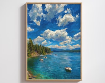 Pintura de paisaje del lago Whitefish Montana, arte de pared vertical mate
