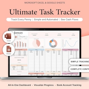 Puede incluir: Una computadora portátil muestra un panel financiero llamado "Ultimate Task Tracker". La pantalla muestra gráficos y tablas de datos, con el texto "Track Every Penny | Simple and Automated | See Cash Flows". Diseñado para Microsoft Excel y Google Sheets.