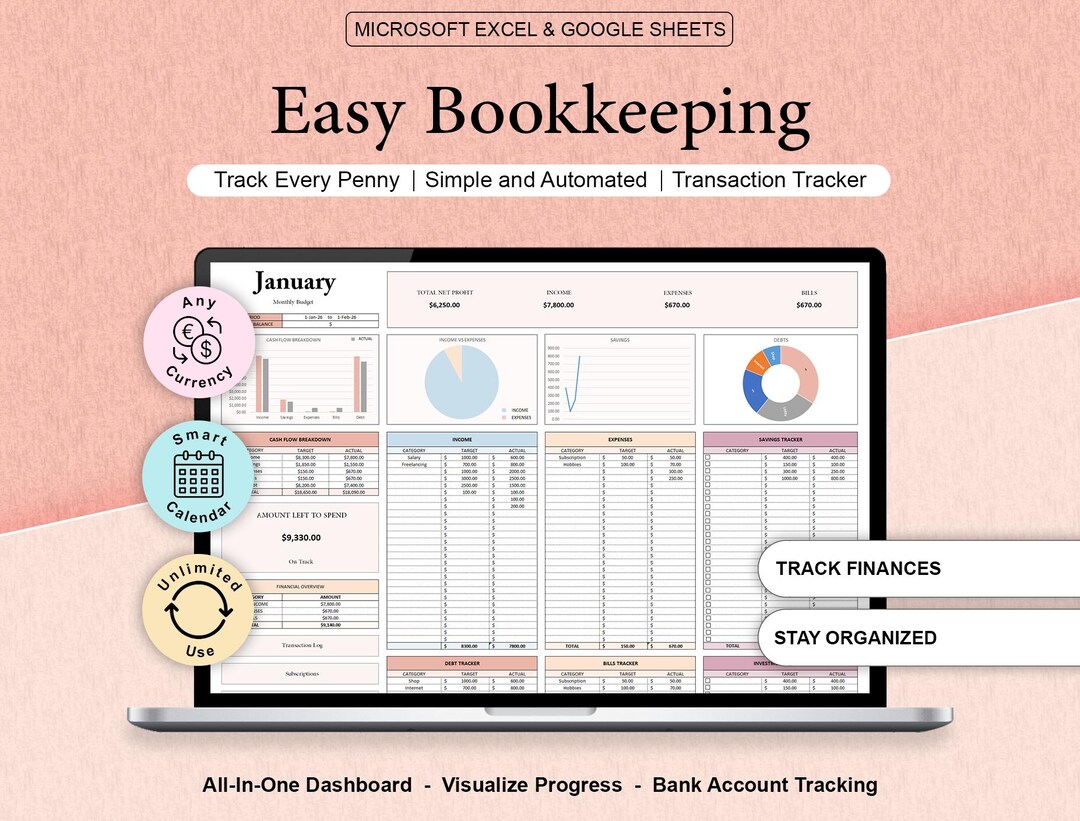 Small Business Bookkeeping Template Excel & Google Sheets Profit Loss ...