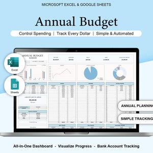 Annual Budget Template Excel and Google Sheets 12 Month Financial Planner Customizable Budget Spreadsheet Year-Round Expense Tracker