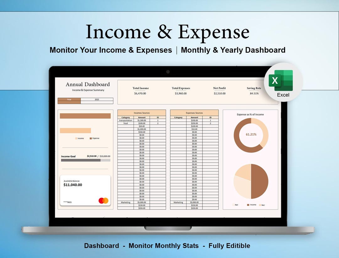 Income & Expense Tracker Excel Sheet | Budget Log and Spending Tracker ...