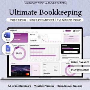 May include: A laptop screen displaying a bookkeeping dashboard with charts and graphs. The screen shows financial data, including income, expenses, and account balances. Text on the screen includes "Ultimate Bookkeeping" and "Track Finances."