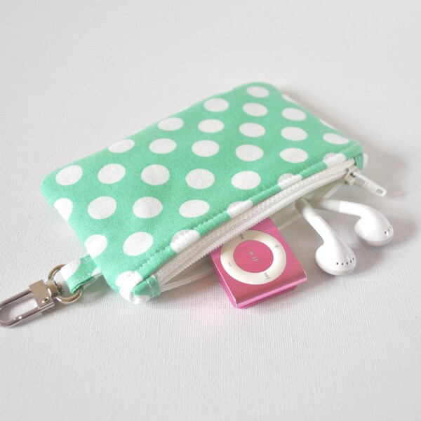 Woman's dotty key chain coin pouch padded gadget change purse in mint green and white polka dot spot print.