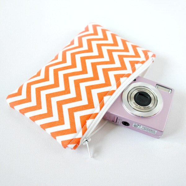 Chevron zigzag MP3 gadget Padded camera make up cosmetics pouch stripe print fabric in tangerine orange and white in large