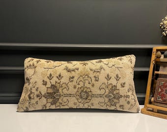 Antique Beige Bench Pillow, Distressed Floral Kilim Cushion, Neutral Luxury Decor
