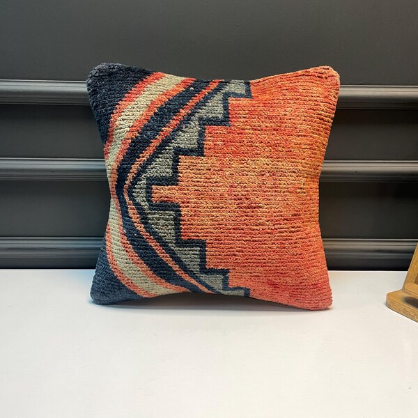 Geometric Anatolian Rug Cushion, Orange Navy Boho Wool Throw Pillow Decor