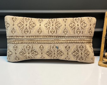 Beige Kilim Pillow • Neutral Vintage Lumbar Cushion • Boho Tribal Decor • Handwoven Turkish Throw Pillow