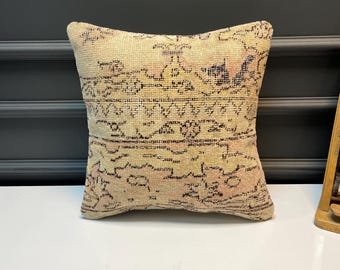 Vintage Turkish Kilim Pillow Cover • Beige Boho Accent Cushion (16x16 in)