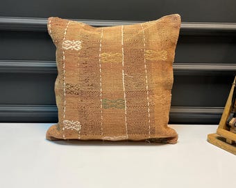 Earthy Patchwork Kilim Pillow Cover, Vintage Turkish Rug Cushion, Warm Neutral Boho Decor