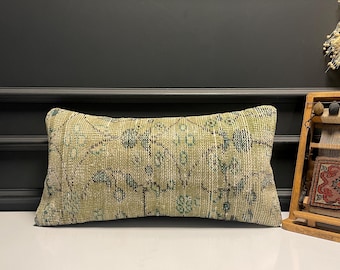 Beige Green Bench Pillow, Floral Anatolian Kilim Cushion, Neutral Boho Decor