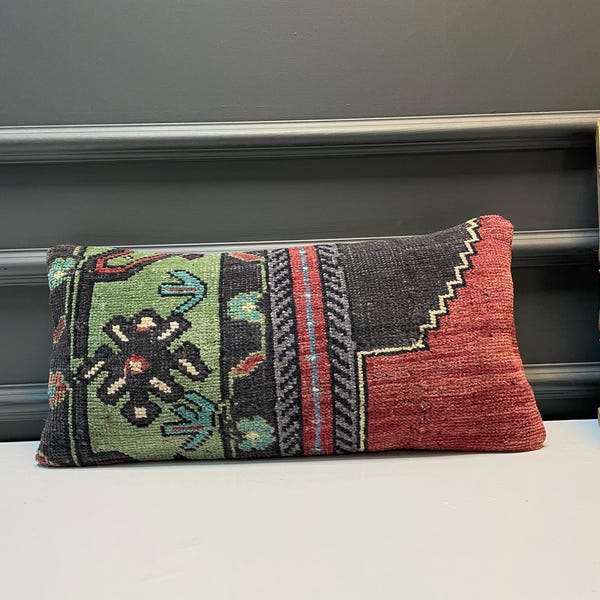 Vintage Turkish Kilim Lumbar Pillow – Black, Red & Sage Green Tribal Boho Decor